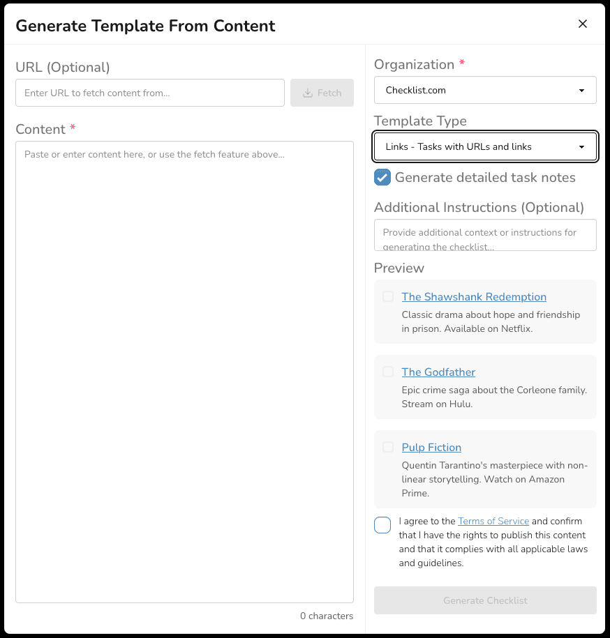Create Checklist Template from scratch