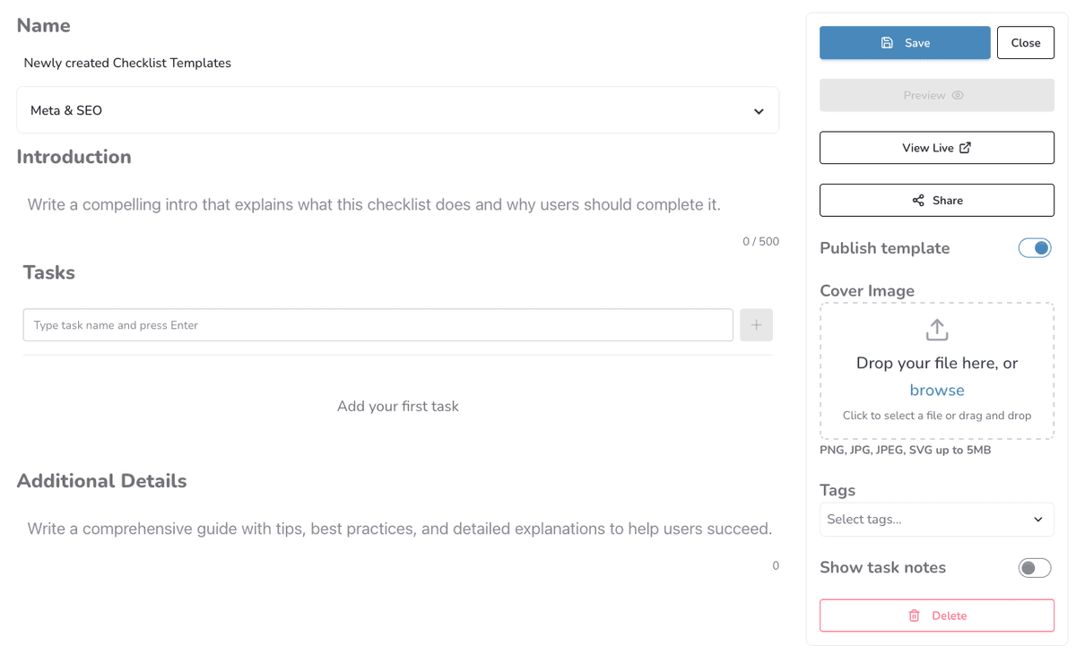 Newly created checklist template