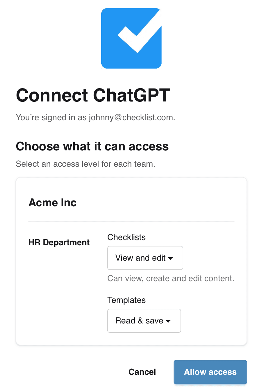 ChatGPT connection to Checklist showing the team, Checklist and Templates permissions, and Allow access button
