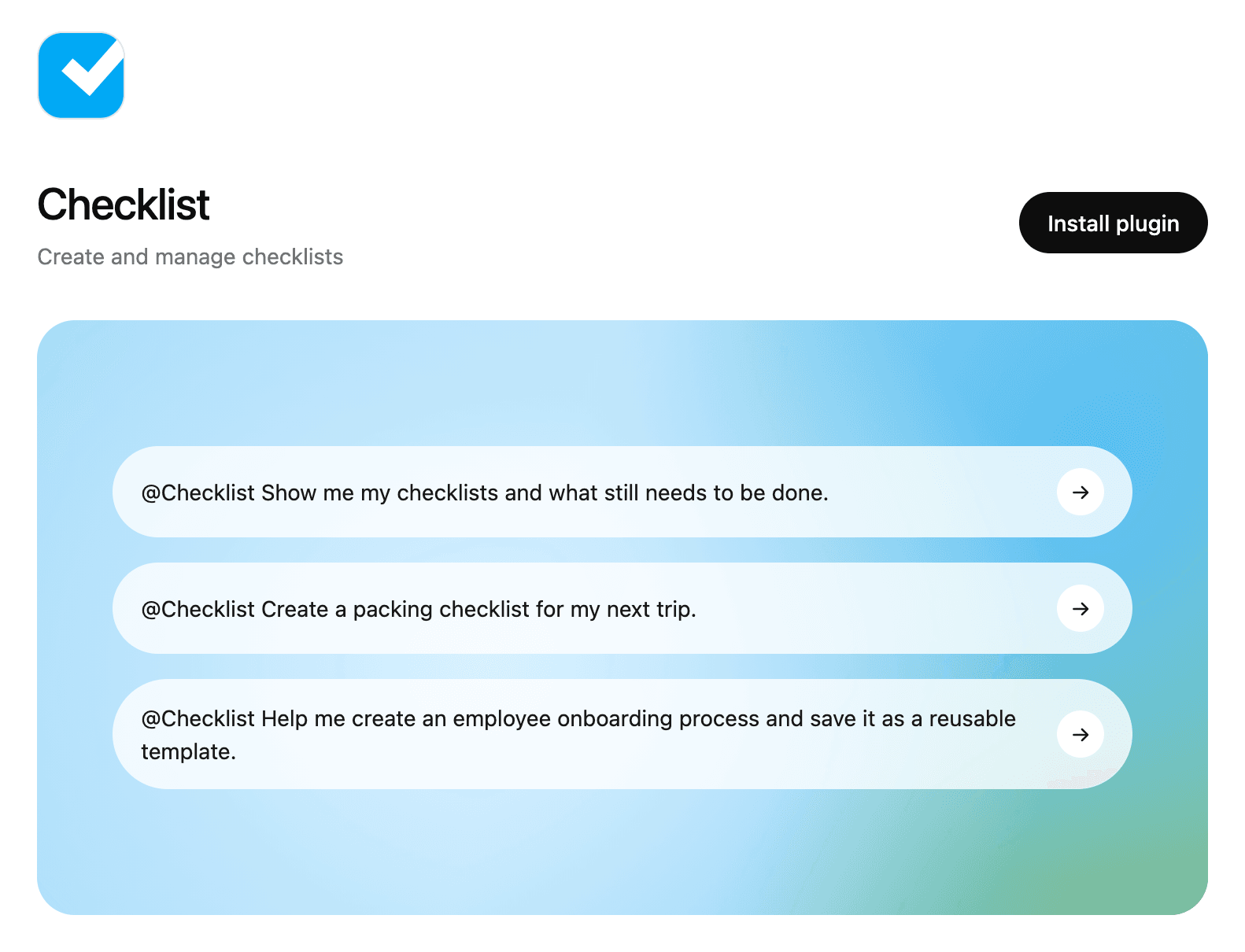 Checklist logo, listing description and Install plugin button in ChatGPT