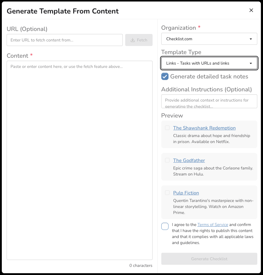 Create Checklist Template from scratch
