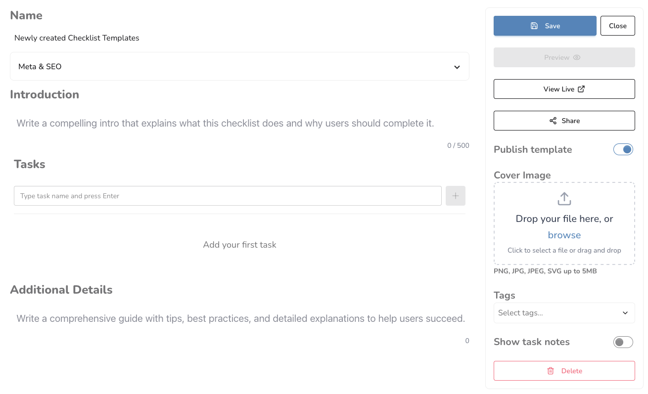 Newly created checklist template