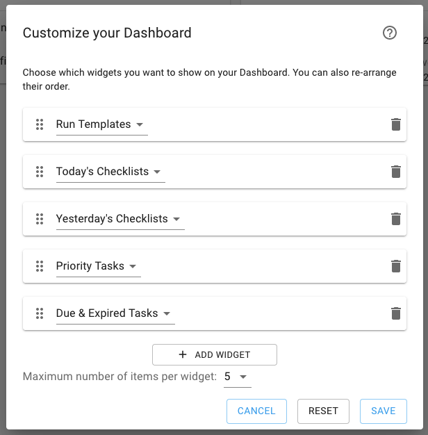 Checklist Dashboard Settings